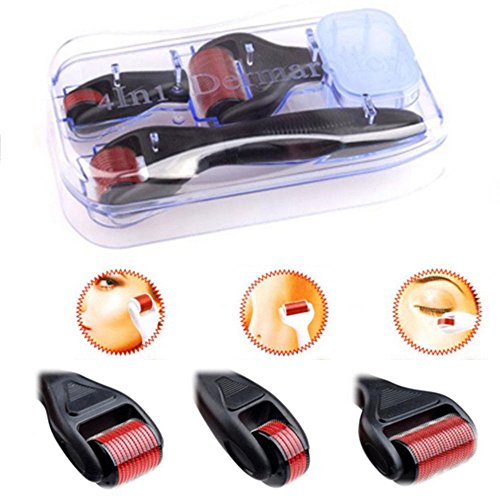 Hommii 4 in 1 Mikro Derma Roller Sterilisierte Titanium Nadeln Kit (0.5mm/180 Nadeln 1.0mm/600 Nadeln 1.5mm/1200 Nadeln) – Best Skin Roller Kit für Anti Ageing, Akne-Narben, Dehnungsstreifen, Falten, Augenbeutel , Körper, Gesicht, Haarausfall, Cellulite, Scalp -Schwarz Griff mit Rot - 5