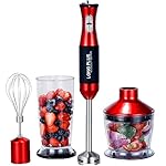 Long Plus 3-in-1 800 W 20 Speed Immersion Hand Blender with 500ml Food Processor, 800ml Beaker and Whisk Attachments, Robust Stainless Steel, Red/Black (HB-1250T) - 2 Year Warranty