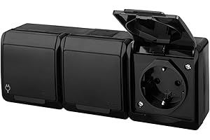 asvendo Elektro HERMES - Interruptor de luz, interruptor doble, enchufe múltiple, protección IP44, resistente al agua, para exteriores, color negro (3 enchufes)