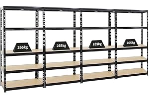 PROREGAL Mega Deal Tiger Lot de 4 étagères pour charges lourdes, noires, 180 x 90 x 45 cm, avec charge maximale : 265 kg, pour garage, cave, atelier, rangement enfichable