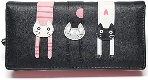 Ladies Long Zipper Purse Cute Cat Multi-card Position Two Fold Leather Wallet (Long Wallet- Black)