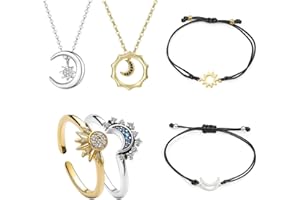 TOFBS Joyas de Mujer Sol Luna Anillos Collar y Collar Pulseras Conjunto Ajustable Plata de Ley Oro Anillo Luna Colgante Collar Joyería Cumpleaños Regalo para Mujeres y Niña