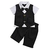 G-Kids  Baby Jungen 2-Teiliges Strampler Smoking Gentleman Anzug Kurzarm Streifen Outfits Sommer Kleidung Jumpsuit Spielanzug Taufkleidung mit Fliege (Schwarz, 110/3-4 Jahre)