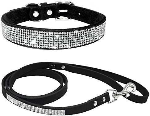 Eflio(TM) Bling Full Rhinestone Crystal Diamante Pet Puppy Chihuahua Dog Cat Collars Lesh Lead Set Pink Black For Small Medium Dogs