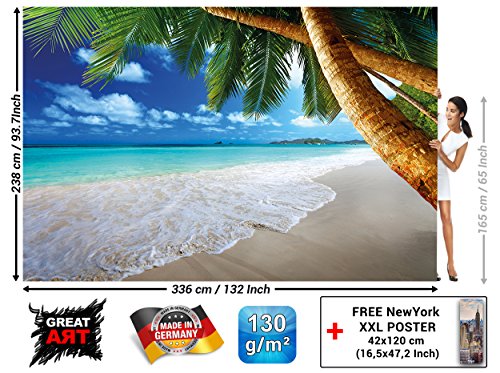 Fototapete Palmenstrand Wandbild Dekoration Karibik Traumstrand Bucht Paradies Natur Insel Palmen Tropen blauer Himmel Sommer | Foto-Tapete Wandtapete Fotoposter Wanddeko by GREAT ART (336 x 238 cm) - 3