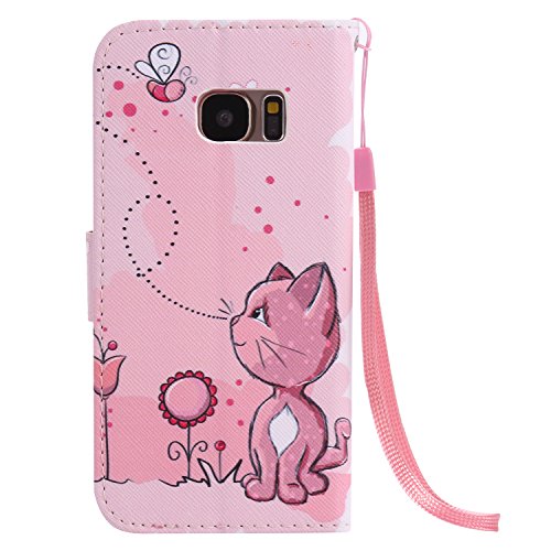 Feeltech Samsung Galaxy S7 Hülle PU-Leder und Brieftasche Bunte Muster Fall mit Magnetverschluss, Hybrid-Kickstand mit Stand-Funktion, schlagen Sie schützende weiche TPU Stoßstangenabdeckung und Kreditkartenhalter für Samsung Galaxy S7 Handgelenk Bügel-Buch-Art-Geldbeutel-Tasche mit 2 In 1 Berühren Sie Stift – Rosa Katze - 3