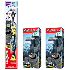 Colgate Kid's Batman Anti cavity extra Soft Brush with Tongue Cleaner Toothbrush - 1 pc Batman Paste Anticavity Toothpaste For Kids - 80g + 80g (Bubble Fruit Flavour)