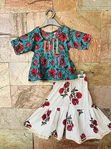 Lalabuy Mughal Print Turkish Blue Peplum Top - Sharara Set for Girls (5-6 Years)