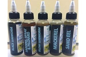 searigs Sea Fishing Extracted Bait Oils - 5 x 60ml Sample Pack - Black Lugworm - Blow Lugworm - Sardine,Sprat Pilchard - Mackerel - Sandeel - Free Rig