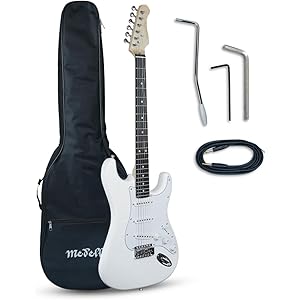 Medellin 38” Electric Guitar – Strat Style | S-S-S Pickup Configuration | 21 Frets | White Matte Finish | Maple Neck with Blackwood Fingerboard | Includes Gig Bag, Tremolo Arm, Cable & Allen Key