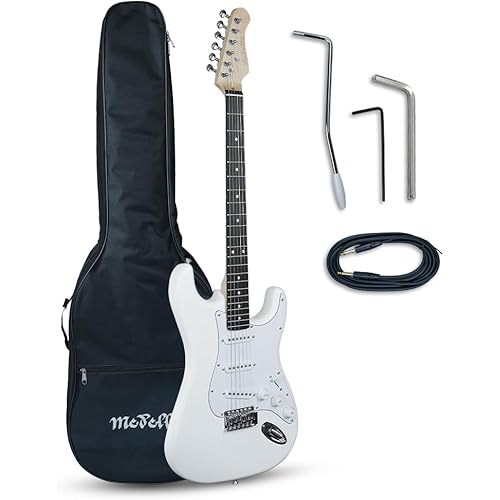 Medellin 38” Electric Guitar – Strat Style | S-S-S Pickup Configuration | 21 Frets | White Matte Finish | Maple Neck with Blackwood Fingerboard | Includes Gig Bag, Tremolo Arm, Cable & Allen Key