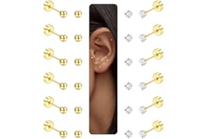 LOLIAS 12 Paia di Orecchini a Lobo Donna Uomo Ragazza Placcato Acciaio Chirurgico 316L Piercing Alla Cartilagine Orecchini a Lobo Piccoli 20G Trasparente Tondo Con Vite a Sfera Con Retro Piatto