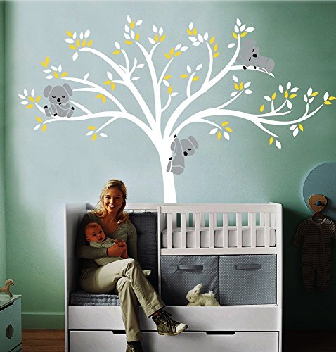 LUCKKYY - Adesivo da parete in vinile per cameretta di bambino, misura grande, soggetto: albero bianco con foglie bianche e gialle e tre graziosi koala, giallo, EXPSFD009948