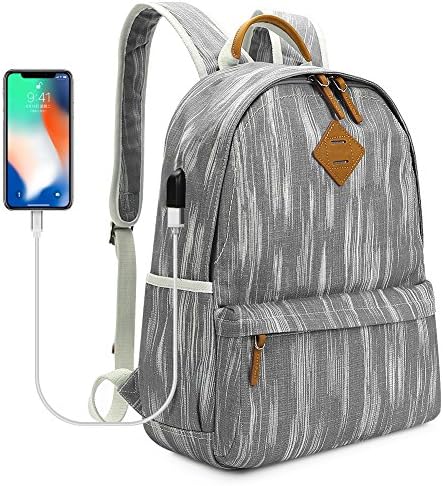 Glynee Canvas Students Backpack with USB Charging Port (Grey)