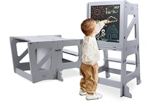 ‎YOLEO YOLEO 3 in1 Lernturm Kinder, Klappbar Montessori Lernturm ab 1 Jahr, Learning Tower für Kinder mit Rausfallschutz, mit doppelseitiger magnetischer Tafel, Küchen-/Badezimmerhelfer (Grau)