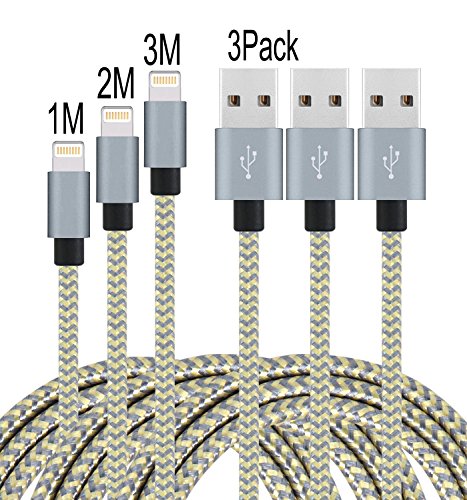 PeziMu iPhone Kabel Nylon, Geflochtenen USB Kabel für iPhone7 / 7plus / 6s / 6 plus, iPhone SE, iPhone 5s 5c 5, iPad, iPod - (1+2+3)M (Grau gold)