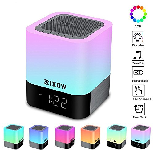 Lámpara de Noche, Rixow 3 en 1 Conjunto de Despertador Reloj, Luz Ambiental de Noche, Altavoz Bluetooth Inalámbrica. Luz LED Control de Sensible Sensor Táctil con 7 Colores