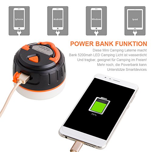 LED Campinglampe Milool Taschenlampe power bank IP65 wasserdichte Camping laterne mit 5200mAh für Camping,Outdoor,Wandern - 5