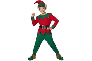 FASHION MY LOVE Childrens Elf Costume - Boys & Girls Christmas Fancy Dress Outfits - Kids Cheeky Elves Dress Up - Top, Trouser, Elf Hat with Attached Ears, Belt and Boots