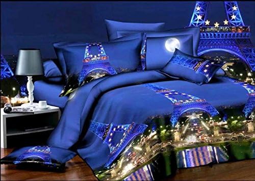 MIAORUI Bed, four sets, Paris night view cartoon bed, 3D four piece bed sheet quilt cover, 2 pillowcase, bedding size: 200cmX230cm