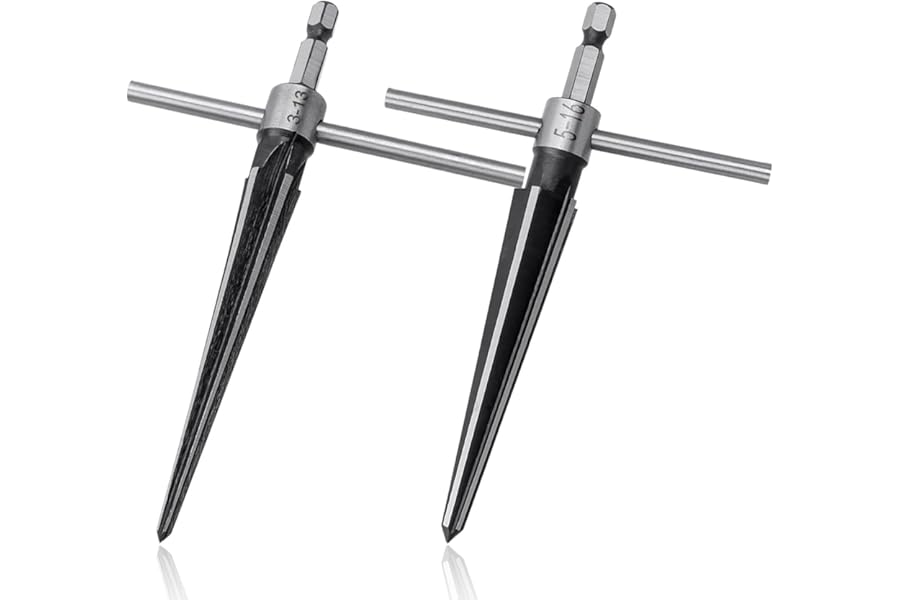 Gasea 2 Packs Tapered Reamer, 1/4" Hex Shank T Shape Guitar Bridge Pin Hole Handle Drilling Reamer for Planks Chamfering Screw Sinking Holes