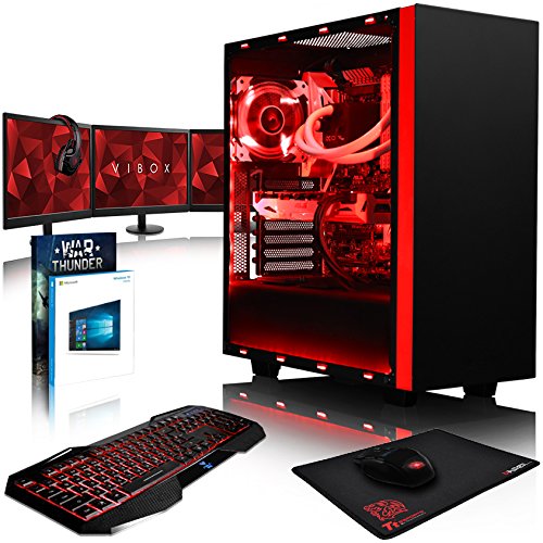 VIBOX Voxel GLR770-252 Komplett-PC Paket Gaming PC - 4,0GHz AMD Ryzen 1800X 8-Core CPU, GTX 1070, leistungsfähig, Wassergekühlter Desktop Gamer Computer mit Spielgutschein, 3x Dreifach 22" Monitor, Gamer Tastatur & Mouse, Windows 10, Rot Innenbeleuchtung, lebenslange Garantie* (3,6GHz (4,0GHz Turbo) AMD Ryzen 7-1800X Octa 8-Core Prozessor CPU, Nvidia GeForce GTX 1070 8GB Grafikkarte, 32GB Crucial Ballistix 2400MHz RAM, 480GB SSD, 2TB Festplatte, Alphacool Eisbaer Wasserkühler, NZXT Gehäuse)