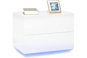 ‎MEERVEIL Meerveil Nachttisch, LED Hochglanz Nachttisch mit 2 Schubladen USB Lampe für Schlafzimmer und Wohnzimmer, 60 x 39 x 45cm, Weiß