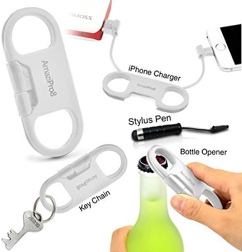 AmaziPro8® iphone Charge Sync Cable + Bottle Opener + Key Chain + Mini Stylus Pen + Dust Plug (White)