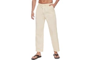 CheChury Pantalon Lino Hombre Verano Largo Pantalones Casual Bolsillos Laterales Cintura Elástica con Cordón Playa Yoga Pantalon Anchos Ligeros Pantalones de Lino para Hombre para la Playa
