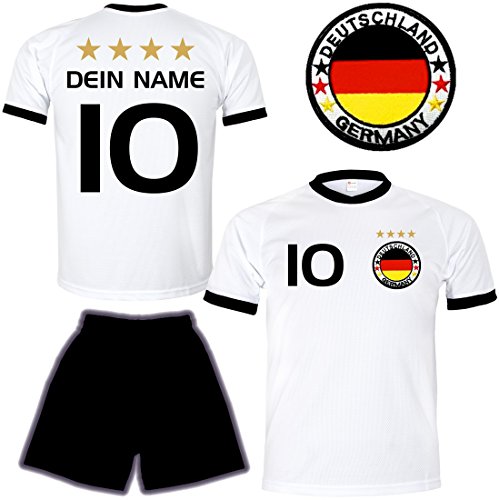 ElevenSports Deutschland Trikot + Hose mit GRATIS Wunschname + Nummer + Wappen Typ #D8 im EM/WM weiss – Geschenke für Kinder,Jungen,Baby. Fußball T-Shirt personalisiert als Weihnachtsgeschenk