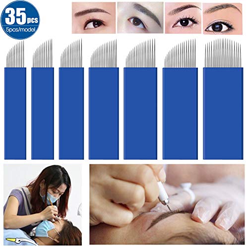 Agujas de microblading para cejas, 12 pines, 13 pines, 14 pines, 16 pines, 17 pines, 18 pines, 18 U, acero inoxidable esterilizado, para la niebla de línea, cejas, borde de cejas (35 unidades)