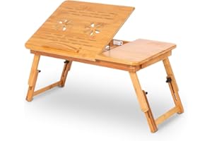 GREENSEN Table d'appoint pour Ordinateur Portable en Bambou avec tiroir et Support pour Ordinateur Portable Hauteur réglable Tablette pour lit Petit déjeuner Table à Dessiner Table à Manger 53-58,8 x 29,7 cm