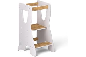 COSYLAND Tour d Observation Montessori Réglable en Hauteur pour Enfants de 18 Mois à 6 Ans, Chaise d Apprentissage en Bois Sécurisée, Design en Forme de R Stable et Moderne, Blanc/Naturel