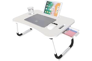 unycos - Plateau de Petit Déjeuner, Table de Lit Pliante Multifonctionnel, Plateau Bois, Support Ordinateur Portable avec Poignée, Porte-Gobelets, Porte-Tablette 60x40x26 cm (Gris Clair avec Tiroir)