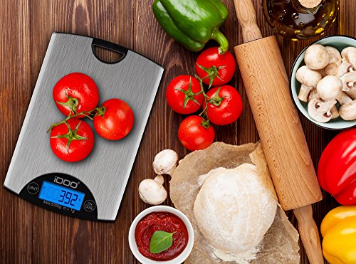 iDOO 5KG/1gramm hohe präzise Digitale Küchenwaage mit Tara-Funktion, Edelstahloberfläche, Beleuchtetes LCD-Display, Inkl. Batterie. - 6