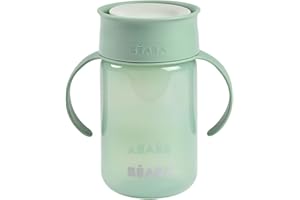 BÉABA, Kubek do nauki 360° z tarczą zapobiegającą kapaniu, opatentowany system zapobiegający przeciekaniu, od 12 miesięcy, zdejmowane uchwyty, z higieniczną pokrywką, mocny i lekki, 340 ml, szałwiowa