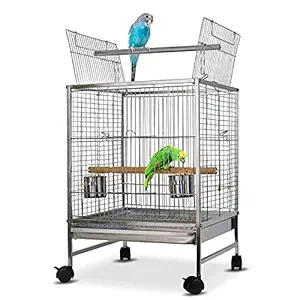 Lilithye Stainless Steel Small Bird Cage Open Top Standing Conure Bird Cage with Rolling Wheel Vision Bird Flight Cage for Parrot Parakeet Macaw Finch Cockatoo Pet Bird House