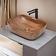 REMOTION Wooden Style Designer Wash Basin Countertop | Tabletop Ceramic Bathroom Sink | Wash Basin For Bathroom (18 x 13 x 5.5 Inch, Wodeen Style Designer Basin 04)