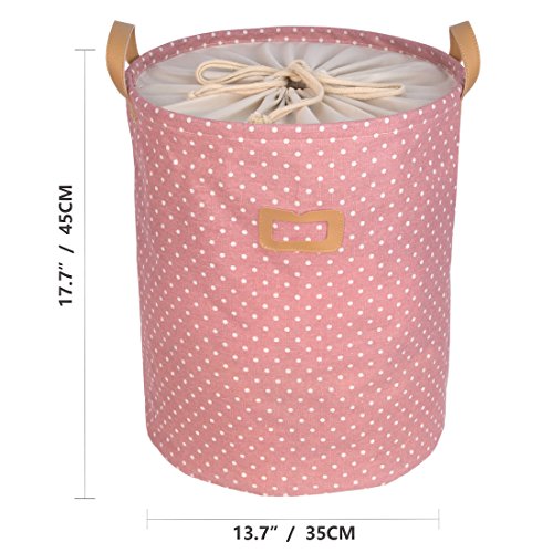dokehom DKA0811PK Baumwolle Leinen Aufbewahrung Eimer, rund Wäschekorb, erhältlich in 7 Farben Pinke Punkte - 2