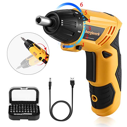 Taladro Atornillador bergwerk T005 3.8V, Taladro Inalámbrico con la Función de Percutor, Máximo Par 4 Nm, LUZ LED, 30 Brocas y 1 Biela, Bloqueo de Seguridad)