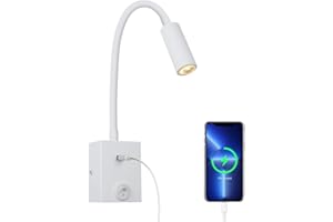 ERWEY Lampada da Lettura a LED da Parete, Lanterna da Letto 3W con Collo d'oca Flessibile a 360° e Connessione USB per la Camera da Comodino, Illuminazione Bianca Calda 3000K, Bianco