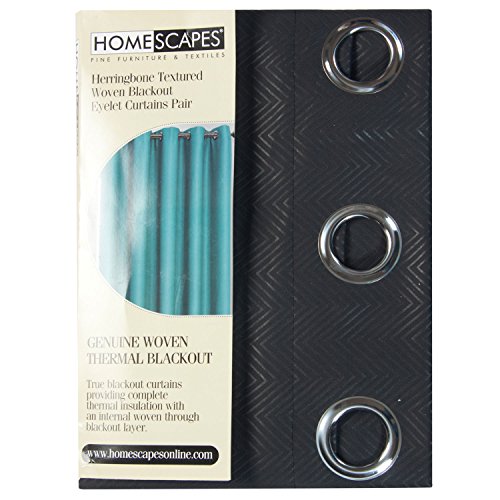 Homescapes Black Eyelet Ring Top Blackout Thermal Curtains Pair Width 45 x 54 Inch Drop Herringbone Chevron Textured Retro Geometric Design. FREE SWATCHES.