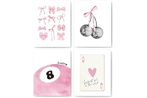 HASTHIP® 4 Pcs Wall Art Prints, Pink Bow Aesthetic Posters, Large 20x25cm Modern Canvas Wall Painting Set for Girls Bedroom, Nursery, Vanity, Dorm, Living Room Decor (Unframed)