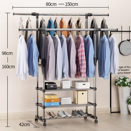 UIRIHUA Bedroom/Telescopic/Household/Non Embroidered Steel/Horizontal Bar Clothes Hanger/Landing/Folding/Indoor/Contraction,Double Telescopic Flagship (Wheeled) Two