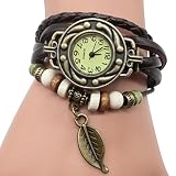 Cuitan Damen Armbanduhr Armreif, Retro Leder Geflochten Wickelarmband mit Baumblatt Anhänger Uhren Zeiger Quarzwerk Damenuhr Handgelenk Watches Runde Zifferblatt Bracelet Uhr für Frauen, Mädchen und Student - Kaffee