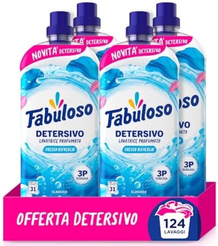 Fabuloso Detersivo Lavatrice per Bucato Fresco Risveglio 4x1.25L, Pulisce, Rinfresca con un Profumo Favoloso, Protegge i Capi mantenendo la morbidezza delle fibre, Con Tecnologia 3P