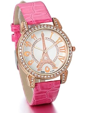 JewelryWe Damen Mädchen Armbanduhr, Analog Quarz, Charm Casual Leder Armband Uhr mit Strass Eiffelturm Digital...