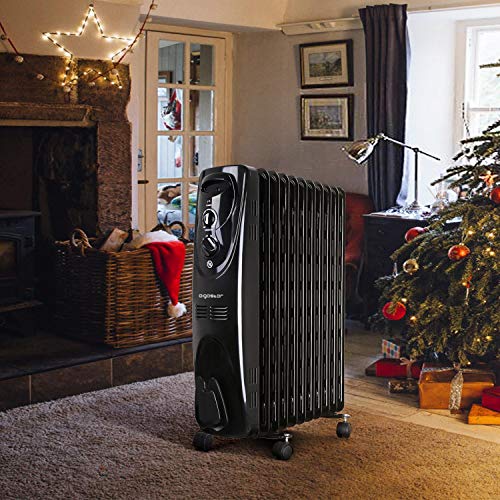 Aigostar Tummie 33JIE - Radiateur à bain d'huile portable. 11 éléments, 2300 W. 3 niveaux de puissance et thermostat réglable. Couleur noir. Design exclusif.