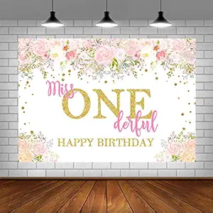 Miss Onederful Birthday Party Photography Backdrop Princess Watercolor Floral Golden Dots First Birthday Background Baby Girl Happy 1st Birthday Party Decorations Supplies 5x3ft