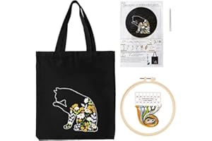 HAPIHOM Kit de broderie pour débutants avec sac en toile, cerceaux à broder, fils, aiguilles, sac fourre-tout noir avec motif mignon de chat et de fleurs et instructions (français non garanti) Fournitures
